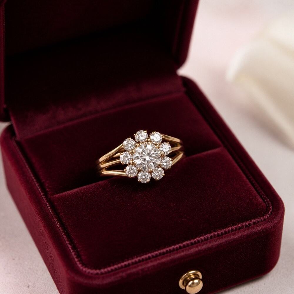 Gold Flower Cluster Ring with White Stones adjustable